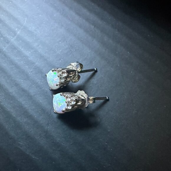 Opal Cubic Zirconia Earrings Studs .925 Sterling Brand New - Picture 2 of 3